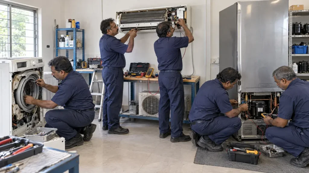 Sri Swastik Home Solutions technicians repairing a washing machine, split AC and fridge